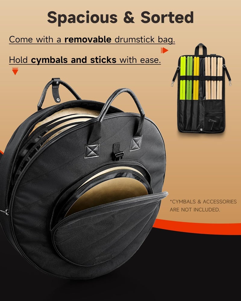 Donner Cymbal Bag with Drumstick Bag, Cymbal Backpack with Handle and Hideable Dual Shoulder Straps, Holds 6 Cymbals and 6 Drum Sticks, Fits Ride up to 24 Inch - Image 2